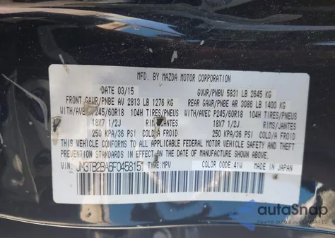 2015 Mazda Cx-9 Sport z USA, uszkodzony, nr VIN JM3TB2BA6F0458151